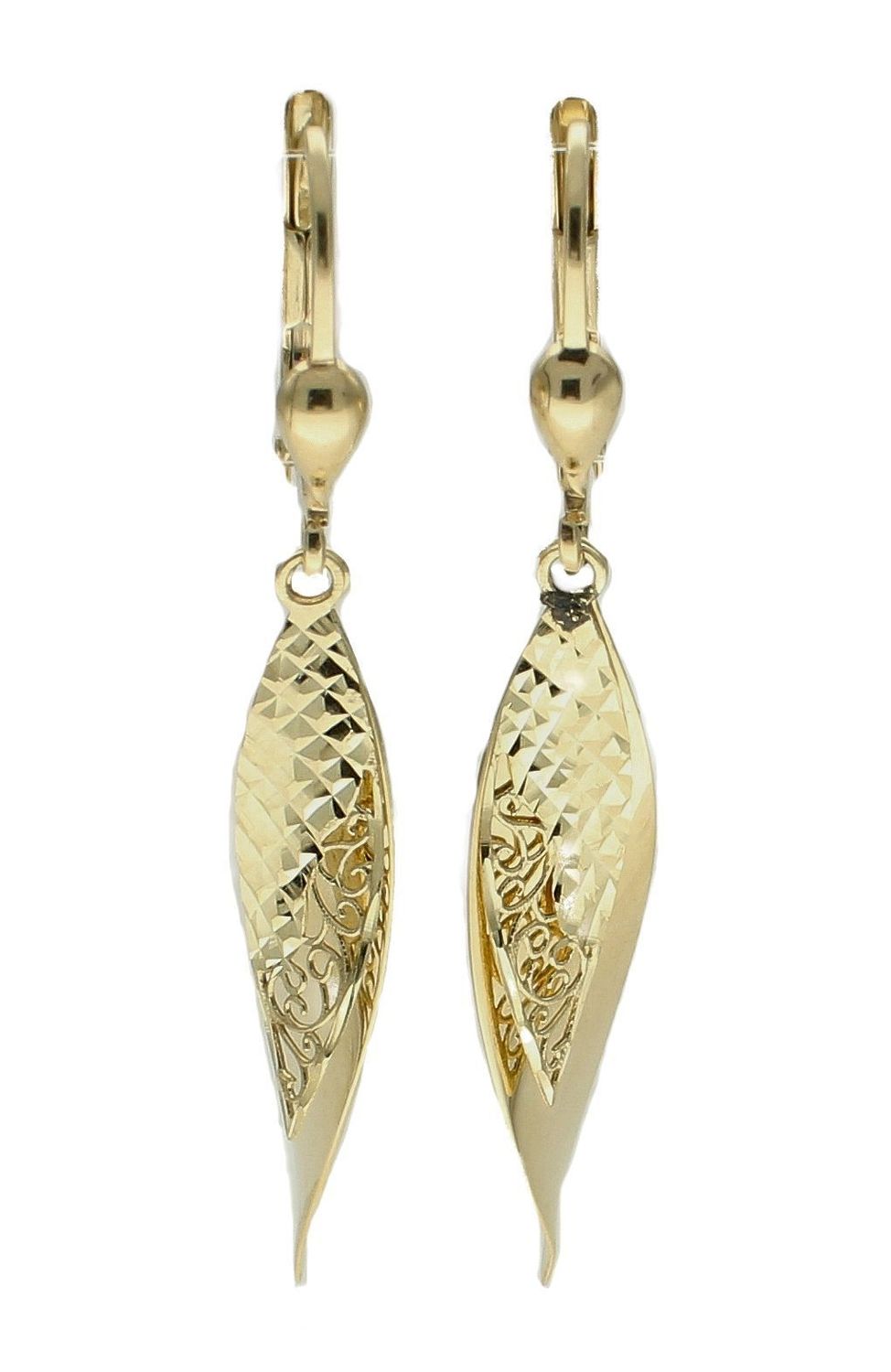 Złote kolczyki pr 333 wiszące łezki z ozdobnym wzorem KL 9548B 333. Złote kolczyki o ponadczasowym kształcie z zapięciem na angielski bigiel. Zachwycająca lekkością oraz subtelnym wdziękiem, olśniewająca biżuteria posiada uroc.jpg